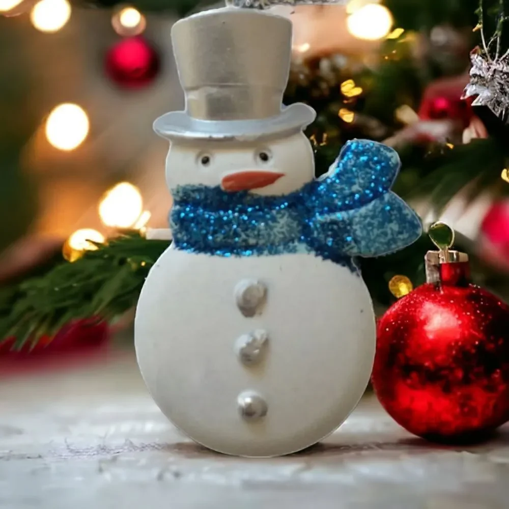 Snowman Ornament Glitter Acrylic Blue White Frosty Winter Snow Whimsical Holiday